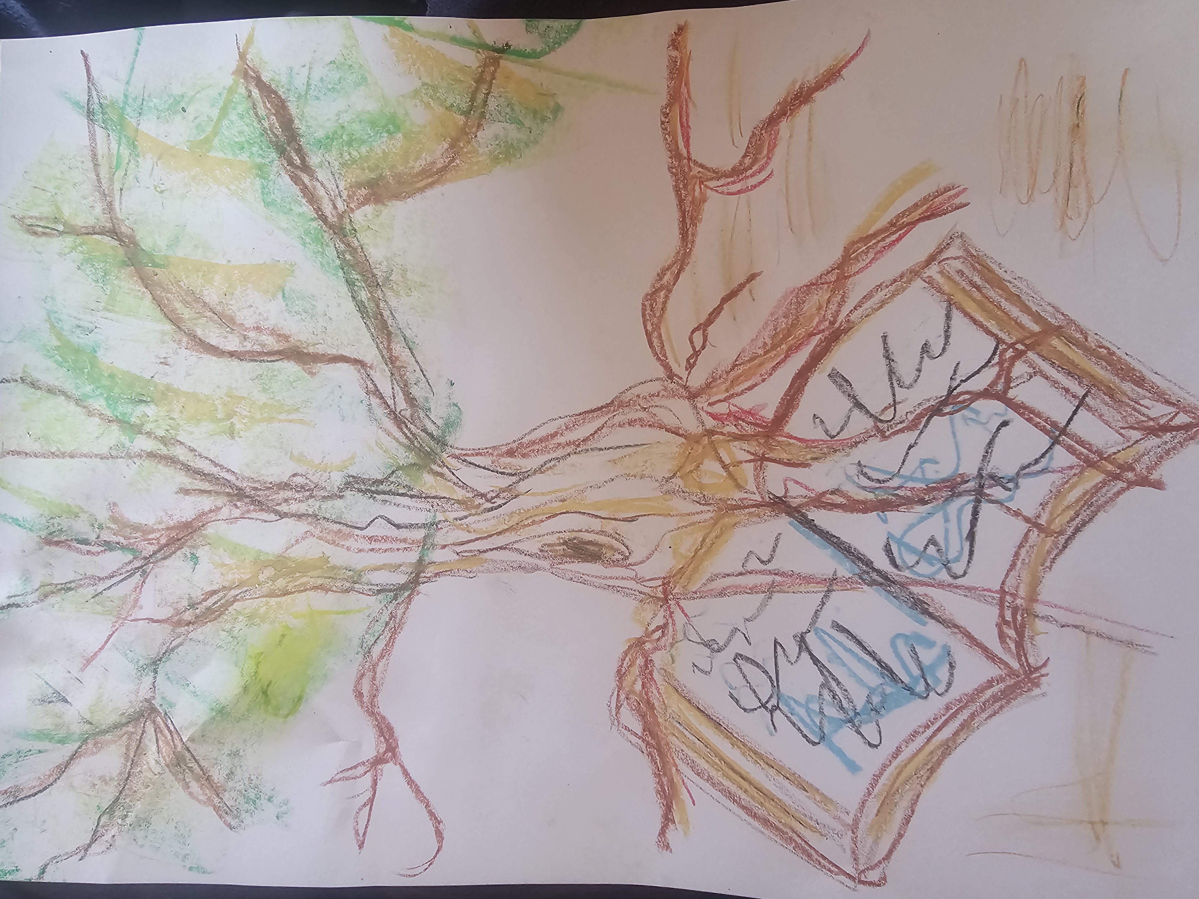 Art therapy work — tree with roots in a book